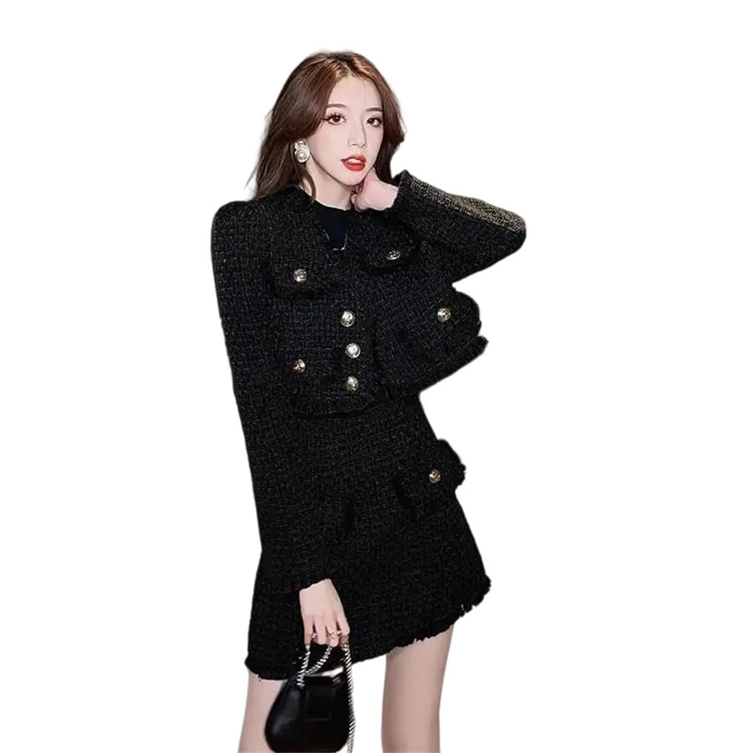 Women Fall Winter 2 Pieces Tweed Set Skirt with Pocket Button Short Coat and Mini Skirt Black