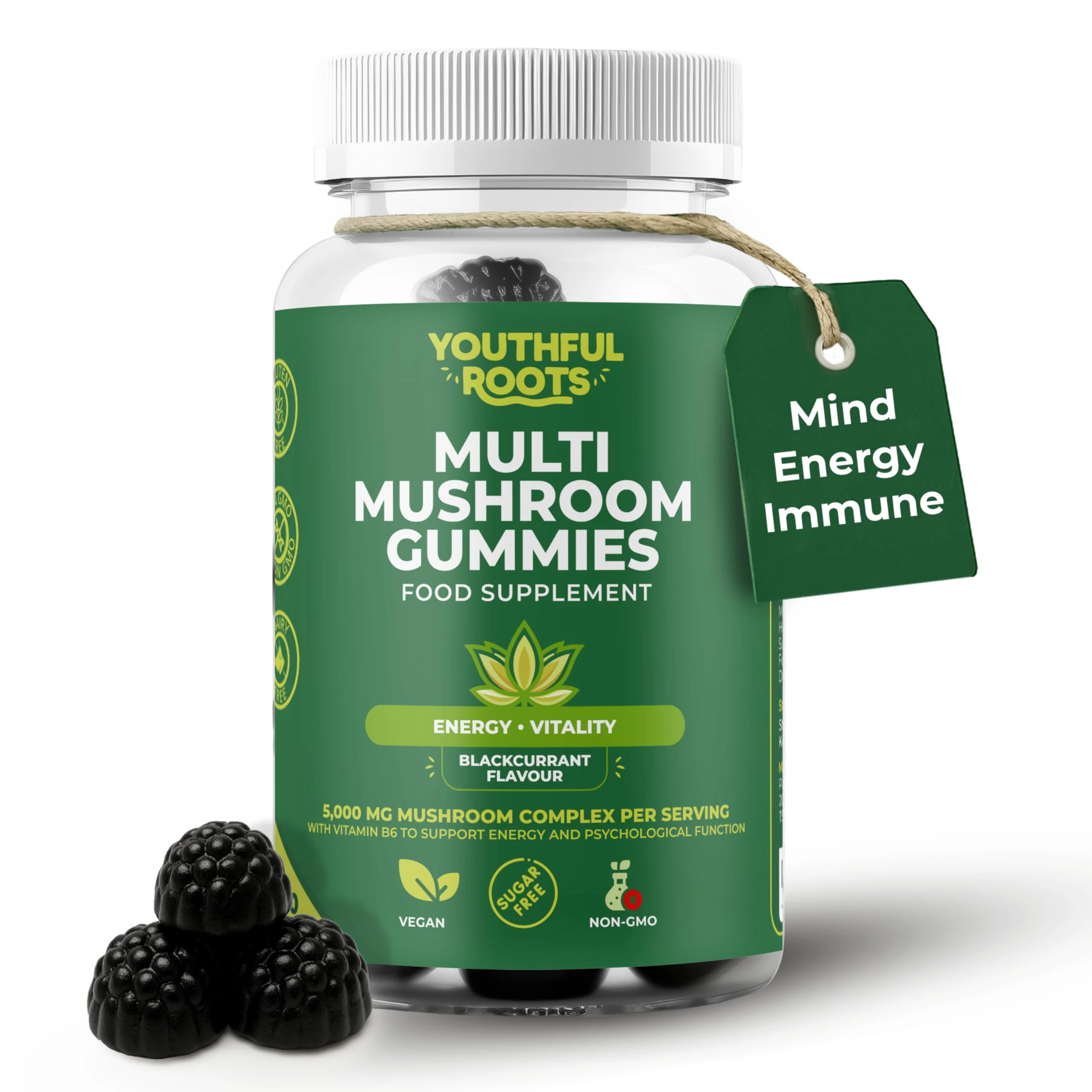 Youthful Roots 6-in-1 Multi Mushroom Gummies with Vitamin B6 – Focus, Energy & Vitality – Vegan & Sugar-Free – 60 Gummies - for Kids and Adults