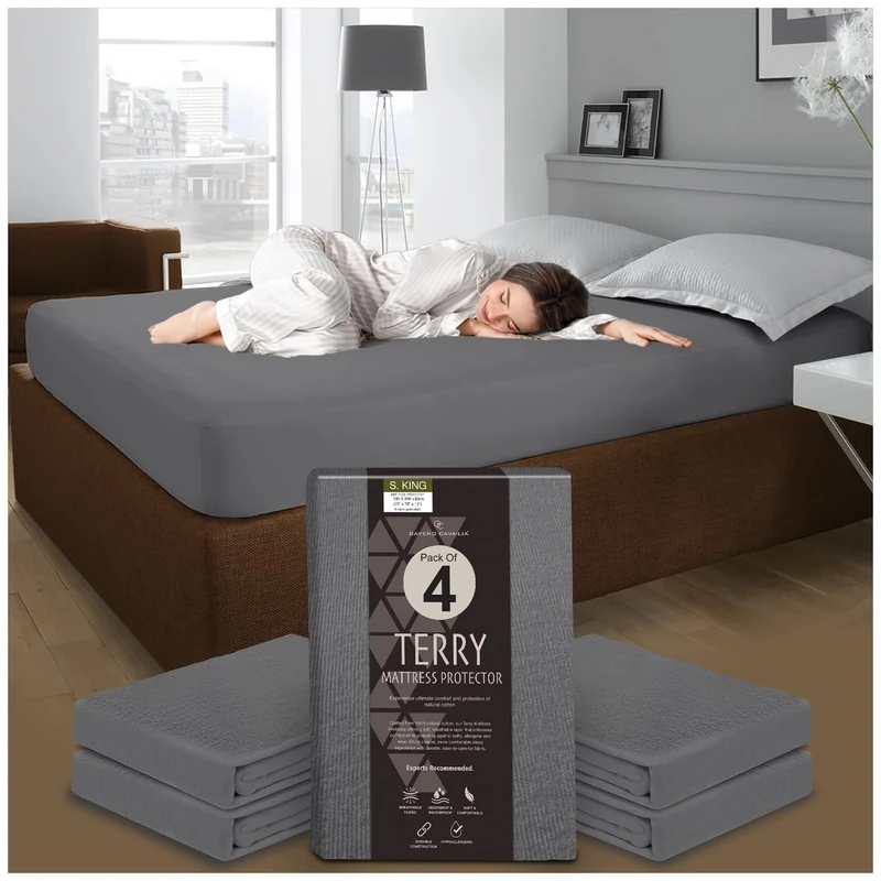 GC GAVENO CAVAILIA 4-Pack Terry Towelling Mattress Cover - 30cm Super King Mattress Protector - Waterproof Mattress Protector - Breathable & Easy Care Mattress Cover, (203 x 182cm) - Charcoal