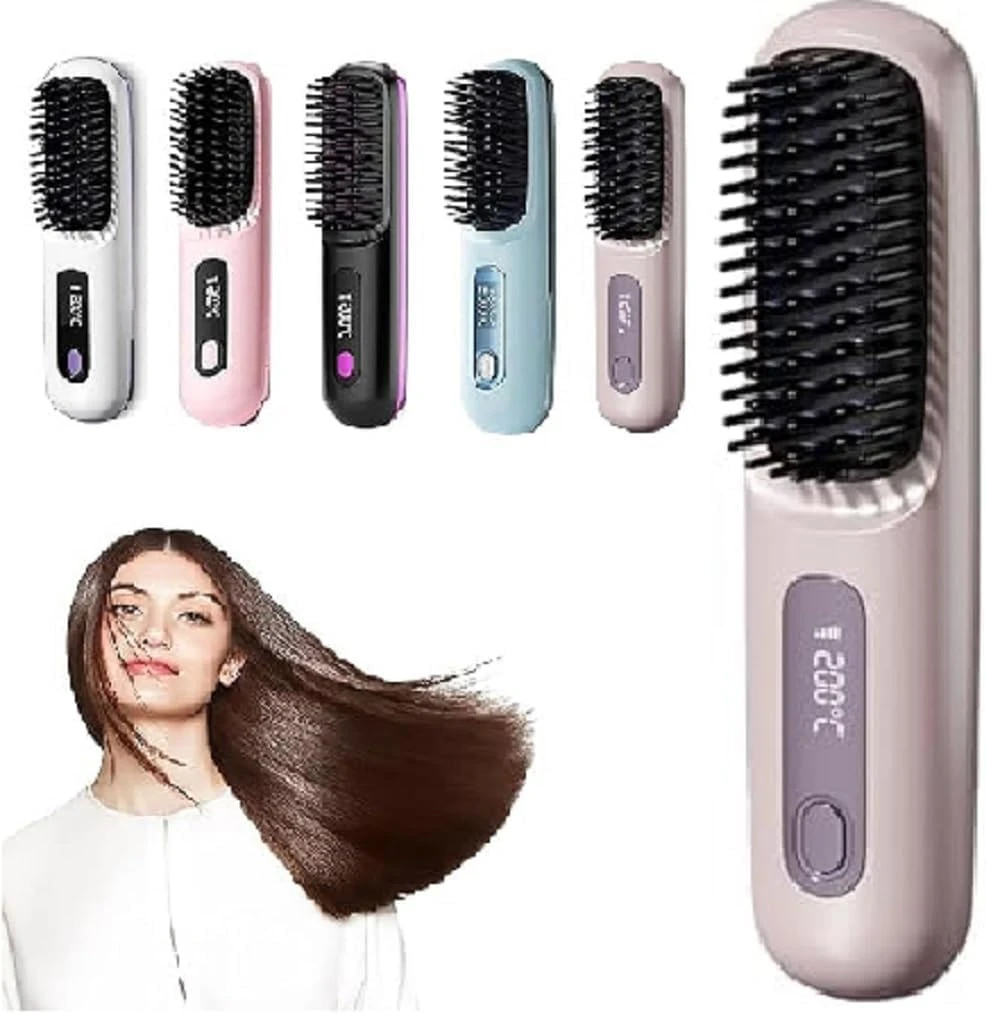 Go Brush Pro - Portable Cordless Hair Straightener Brush - Rechargeable Heated Styling Brushes for Travel & Everyday Use, Hair-Friendly & Long-Lasting Design (Purple)