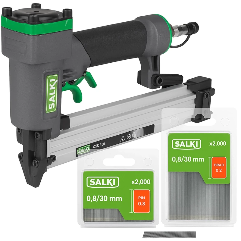 SALKI Compressed Air Nailer CSK PB08 + 2,000 Pins Pin 0.8 x 30 mm + 2,000 Brad Nails 0.8 x 30 mm | Compressed Air Nail Gun | Staple Device for Carpentry and Woodwork