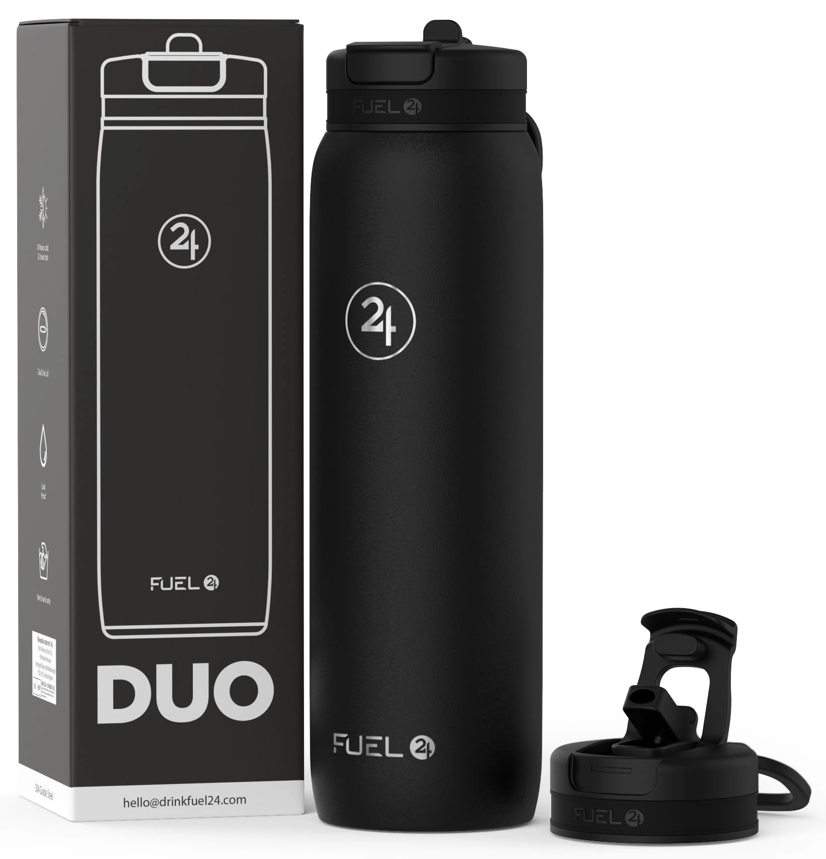 Fuel24 Duo - Stainless Steel Water Bottle 700ml or 1L - Vacuum Insulated Metal Flask with Straw (Dual use Lid) 1 Litre - for Sports, Gym, Work – Slim Design (Carbon, 1000 ml)