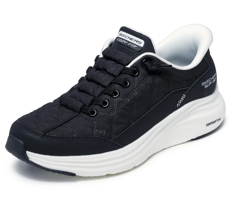 Skechers Women's Contour Foam Cozy Fit Hands Free Slip-ins Sneakers, Black/White, 10