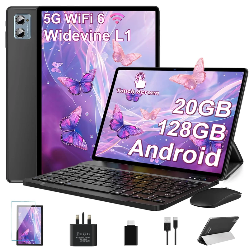 2026 Tablet 10 Inch Android, 20GB RAM+128GB ROM (TF 2TB), FHD, Octa Core, 5G+WiFi 6 | Widevine L1 | 6000mAh | Bluetooth 5.0 | GMS | Type-C | 8MP+5MP | Widgets| Tablet with Keyboard & Mouse - Black