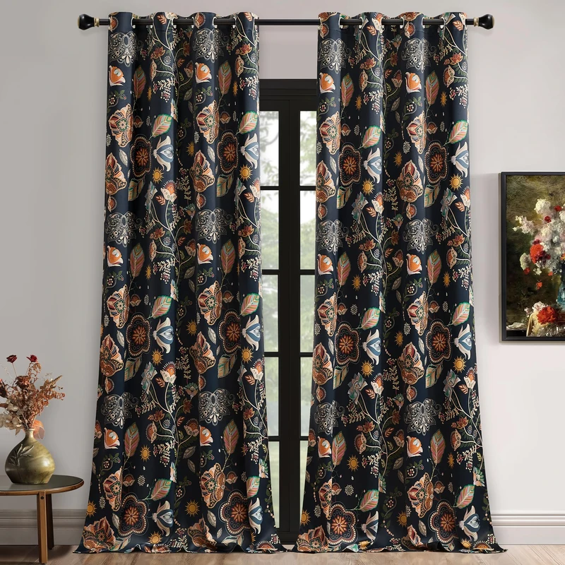XiDi Vintage Floral Patterned Curtains Blackout 84 Inches Long 2 Panels for Bedroom Thermal Insulated Luxury Curtains with Botanical Leaf Printed Design Grommet Drapes Navy Blue52/102