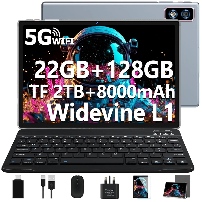2026 Tablet 10 Inch Android with Gemini AI, 22GB RAM+128GB ROM(TF 2TB), GMS, 8000mAh, Octa Core 2.0GHz, 5G WiFi, Widevine L1, FHD, 8MP+5MP, GPS | BT5.0 | Face lD, Tablet with Keyboard & Mouse, Grey