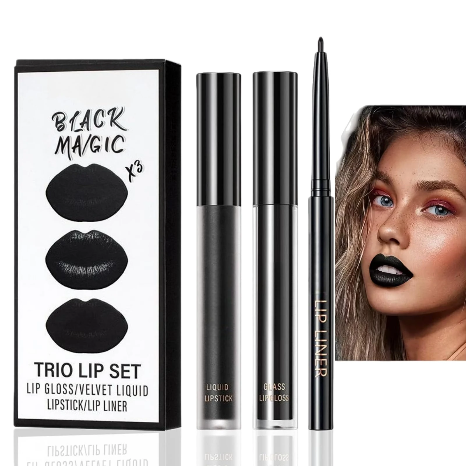3Pcs Black Lip Liner Lipstick Lip Gloss Set,Long Lasting Matte Lipgloss+Glossy Lip Gloss+Lip Liner Pencil, Moisturizing Non-Sticky Matte Lip Gloss Trio for Halloween Go/th Makeup,Halloween Makeup