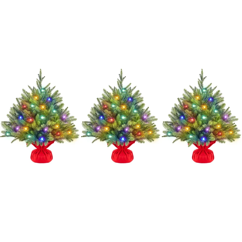Yaheetech 2ft Pre-lit Artificial Mini Christmas Tree, PE Branches with 35 Color LED Lights, Cement Base, 8 Light Modes, 62 Tips, Desktop Xmas Tree for Holiday Party Home Decor, Green-3 Pack