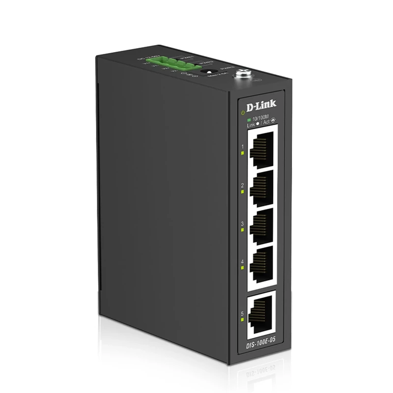 D-Link DIS-100E-05 5-Port Fast Ethernet Industrial Unmanaged Switch, IP40-Rated Metal Housing, Wide -40~75°C Temperature, Dual Power Input, DIN Rail Mount, Fanless Plug-and-Play Design