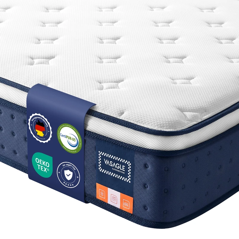 VASAGLE Double Mattress 135 x 190 x 25 cm, Hybrid Pocket Spring and Gel Memory Foam Double Bed Mattress, Medium Firm, 7-Zone Support, Edge Support, Motion Isolation, Breathable Cover, Blue RMZ226QZ03