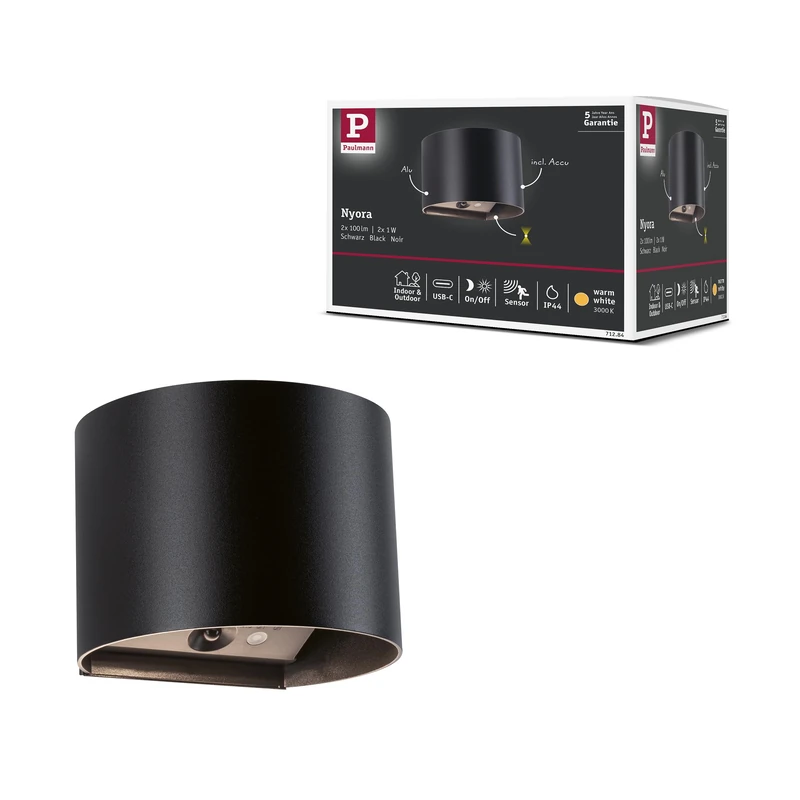 Paulmann Nyora 71284 LED Battery Wall Light with Twilight Controlled Motion Sensor (HF) IP44 3000K 135 x 120 mm 2 x 1 W / 1 W Black - Image 1