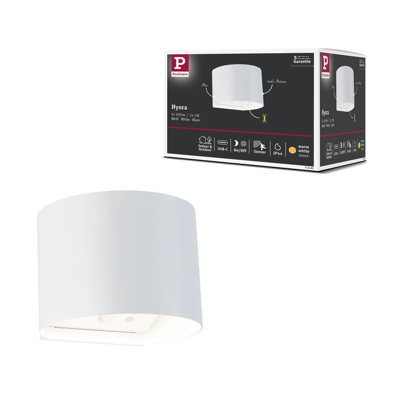 Paulmann Nyora 71285 LED Battery Wall Light with Twilight Controlled Motion Sensor (HF) IP44 3000K 135 x 120 mm 2 x 1 W / 1 W White
