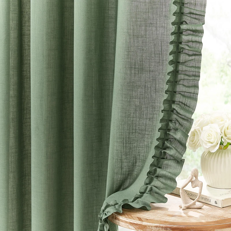 Dark Sage Green Ruffle Curtains 72 Inch Length, 2 Panels, W58 x L72 In, Linen Textured Boho Farmhouse Scalloped Curtains for Living Room, Rod Pocket Privacy Light Filtering Semi-Sheer Cottage Curtain