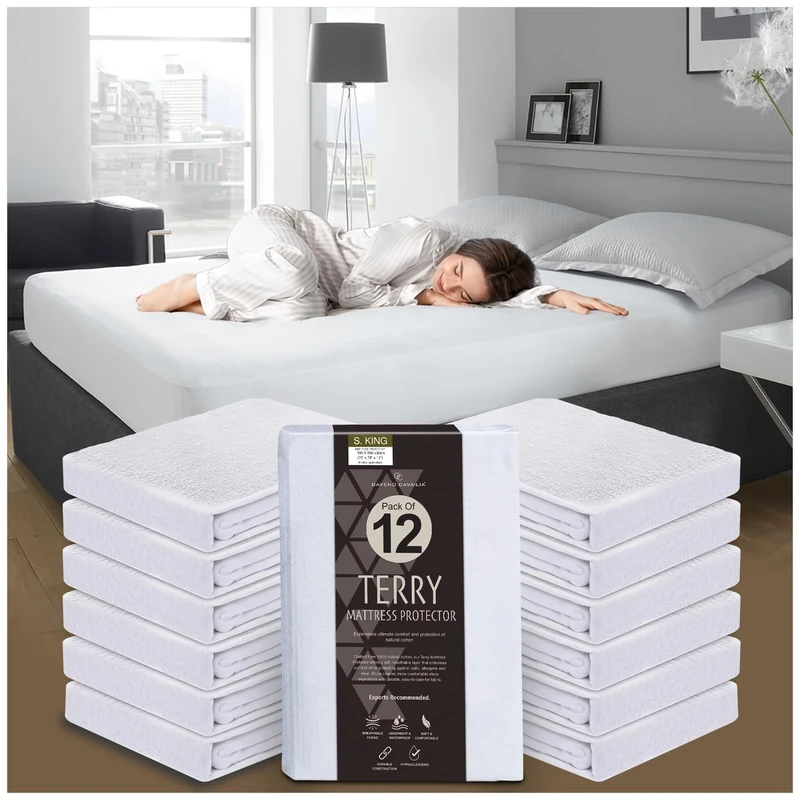 GC GAVENO CAVAILIA Terry Towelling Mattress Protector - Pack of 12 Mattress Protector - Polycotton Waterproof Mattress Cover - Breathable Superking Mattress Protectors, (203 x 182cm) - White