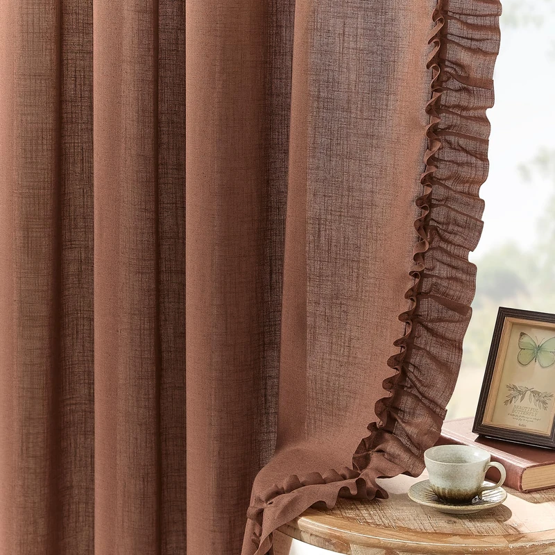 Dark Terracotta Farmhouse Curtains 84 Inches Long, 2 Panels, W58 x L84 Inch, Linen Textured Rust Colored Linen Curtains for Bedroom, Rod Pocket Privacy Semi-Sheer Autumn Flowy Scalloped Ruffle Curtain