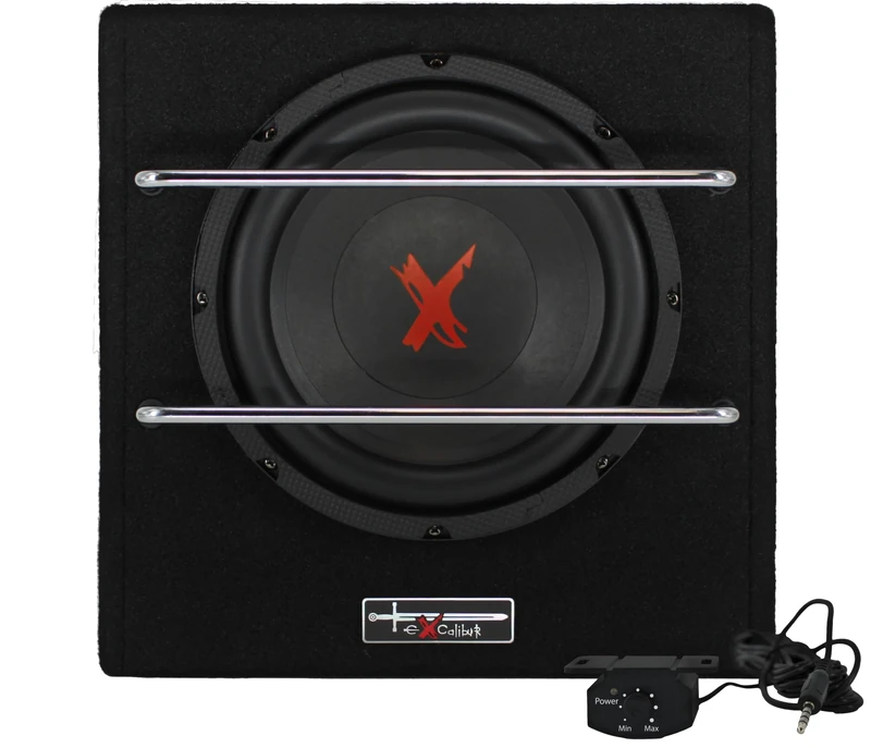 Excalibur X801BA 8 Inch Active Car Audio Subwoofer Enclosure Built-in Class AB Amplifier Peak 1100W Power Output Bass Reflex Port Low Pass Filter and Mounting Brackets for Deep Bass Performance.