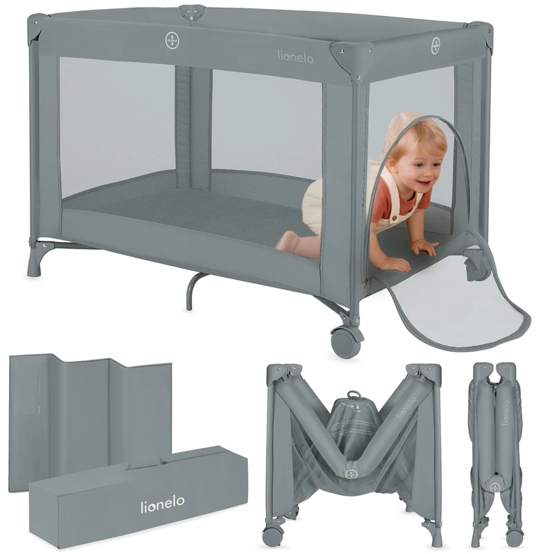lionelo Compact Travel Cot AMELIE 100 x 70 x 65 cm 2-in-1 Crib & Playpen from Birth to 36 Months Lightweight Foldable Baby Cot with Mattress Side Zipper Entry Mesh Sides & Bag Wheels (AMELIE, Grey)