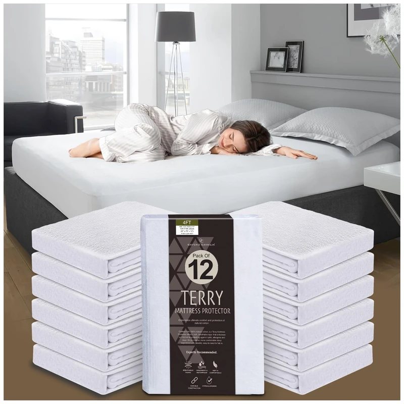 GC GAVENO CAVAILIA 12 Pack Terry Mattress Protector - Antibacterial Waterproof Terry Towelling Mattress Protectors 4ft Bed - 30CM Breathable Mattress Cover (190 x 122cm) - White