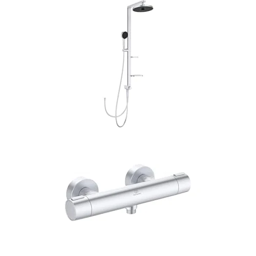 Ideal Standard — Bundle of Ceratherm Alu+ Shower Diverter System and Exposed Shower Mixer with Thermostatic Function, Water and Energy Savings, Made from Recycled Aluminium, in matt Silver Finish