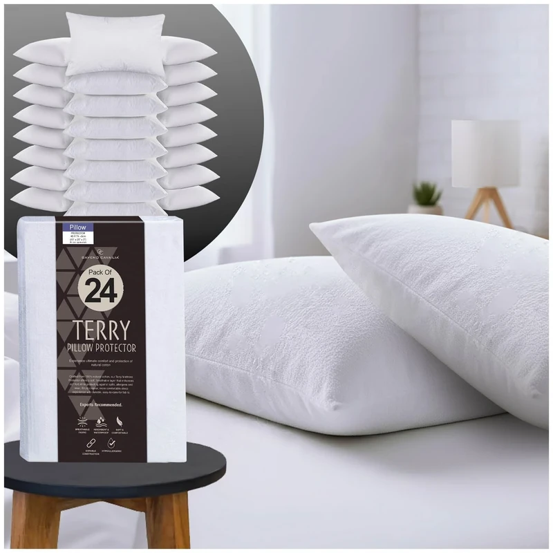 GC GAVENO CAVAILIA Terry Towel Waterproof Pillow Protectors - Pack of 12 Pillow Covers – Anti Allergy Towelling Pillow Protectors - Soft & Breathable - White