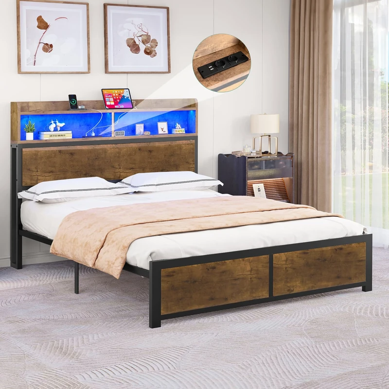 YITAHOME Bed Frame,LED with Headboard,USB Ports & Charging Outlets,Metal Platform Bed Frame with 2 Tiers Storage Shelves, No Box Spring Needed Super King Size Wood color