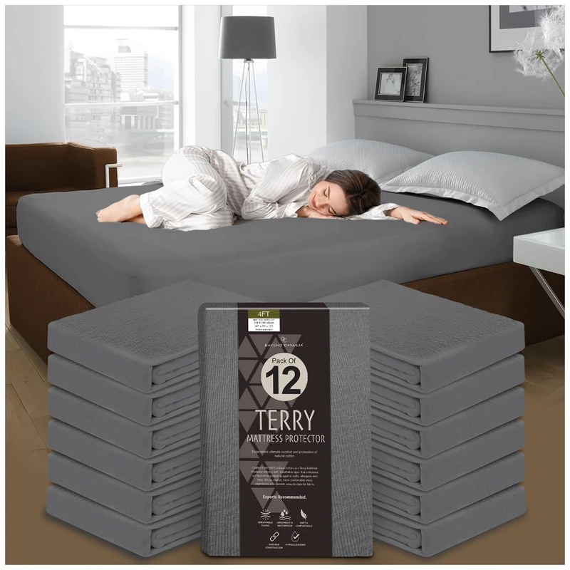 GC GAVENO CAVAILIA 12 Pack Terry Mattress Protector - Antibacterial Waterproof Terry Towelling Mattress Protector 4ft Bed - 30CM Breathable Mattress Cover (190 x 122cm) - Charcoal