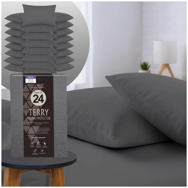GC GAVENO CAVAILIA Terry Towel Waterproof Pillow Protectors - Pack of 12 Pillow Covers – Anti Allergy Towelling Pillow Protectors - Soft & Breathable - Charcoal - Image 1