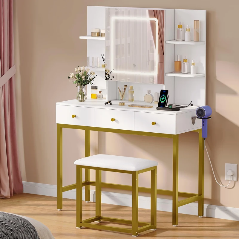 YITAHOME Dressing Table with Large Mirror & Power Hub, Makeup Desk for Bedroom, Apartment, or Dressing Area, Sturdy Built Vanity Table with Hidden Storage & 3 Drawers, White, 90x40x137cm