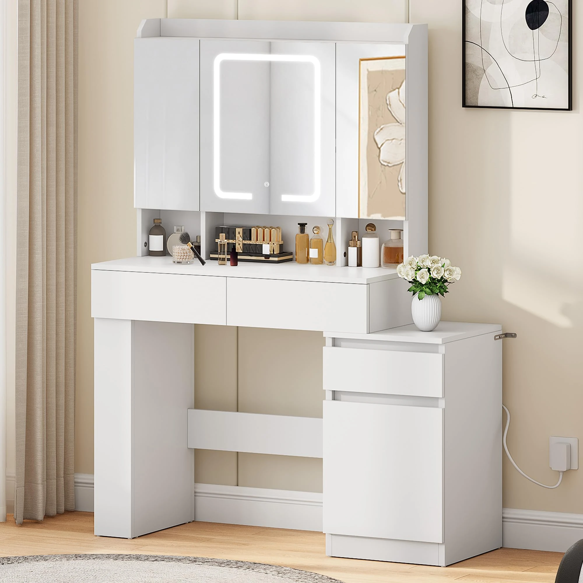 YITAHOME Dressing Table with 3-Sided Mirrors & 3-Color LED Lights, Makeup Desk with Adjustable Shelves, 3 Drawers, 1 Cabinet, 6 Hooks, and Jewelry Pack, White, 110 x 40 x 146 cm
