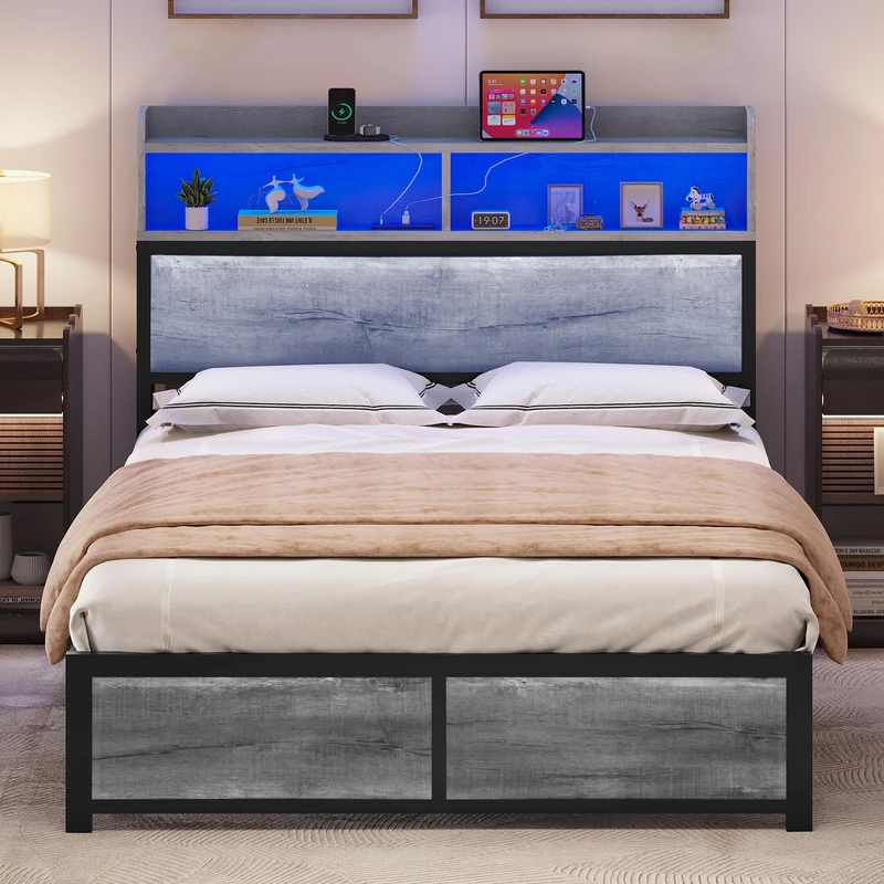 YITAHOME Bed Frame,LED with Headboard,USB Ports & Charging Outlets,Metal Platform Bed Frame with 2 Tiers Storage Shelves, No Box Spring Needed Double Size