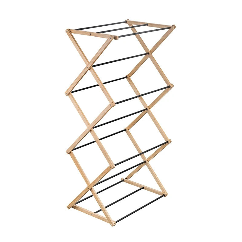 Amig - Vertical Foldable Tower Clothes Airer Mod. Aeria ZenRack - Epoxy-Coated Steel and Bamboo - Clothes Dryer with Vertical Structure - 5m Drying Space - Size 54x36x106 cm - Colour Black/Bamboo