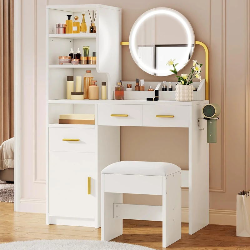 YITAHOME Dressing Table, Vanity Desk with Round Lighted Mirror, 3 Drawers and Cabinet, 100×40×140cm Makeup Vanity for Bedroom/Apartment, Dressing Table with Adjustable Mirror, Power Hub & Stool, White
