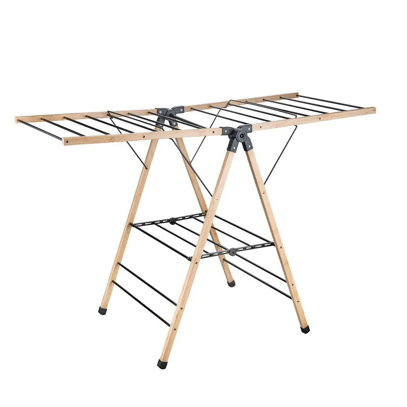 Amig - Foldable Clothes Airer with Wings Mod. Aeria NaturDry - Epoxy-Coated Steel and Bamboo - Clothes Dryer - Easy to Set Up and Fold - 13 m Drying Space - Size 137x62x92 cm - Colour Black/Bamboo