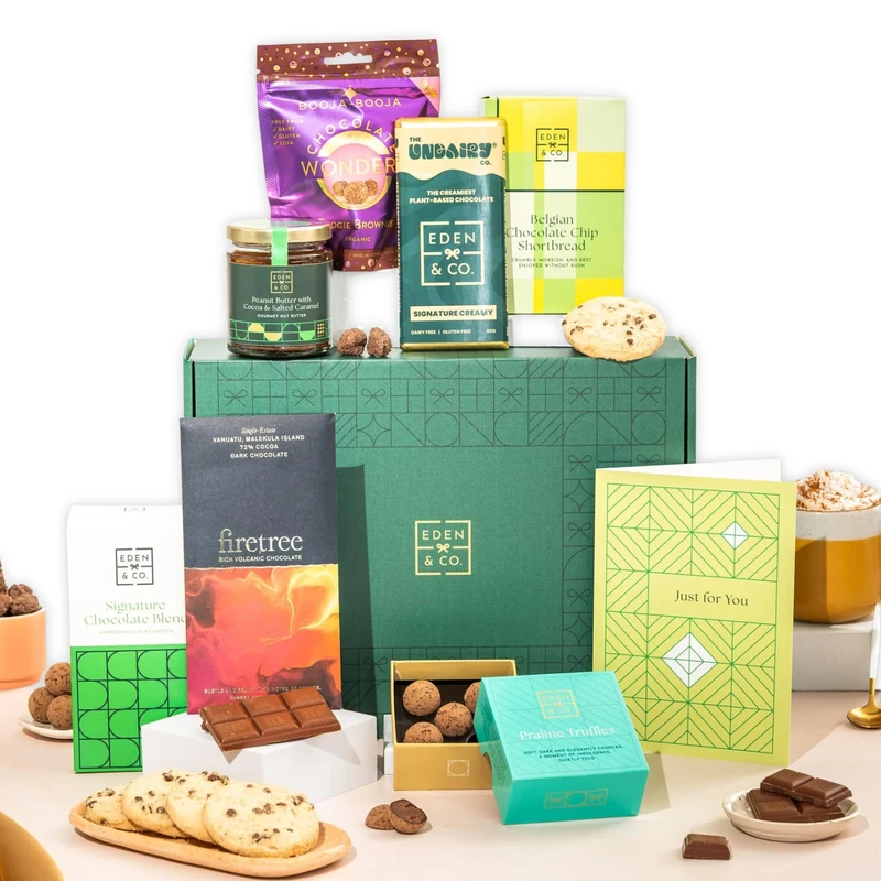 Just Because Gluten Free Hot Chocolate Gift Hamper Basket, Luxury Gourmet Gifts for Women, Men, Couples, with Gluten Free Chocolate by EDEN & CO