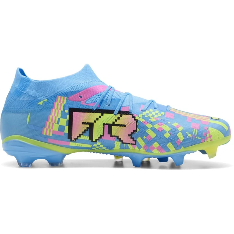 PUMA Unisex Future 9 Match Level UP Firm Ground/Artifical Ground Football Boots, PUMA White-Blue Glimmer-Pink Glimmer-Yellow Alert, 12 UK