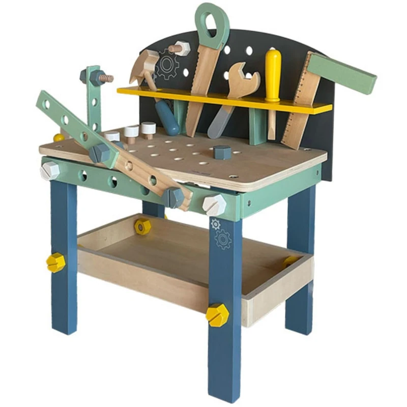 Wooden Workbench for Kids with Accessories – Montessori Educational Toy with Hammer, Screwdriver, Saw, Bolts and Screws – Activity Bench for Manual Skill and Creativity Development (Age 36M+)