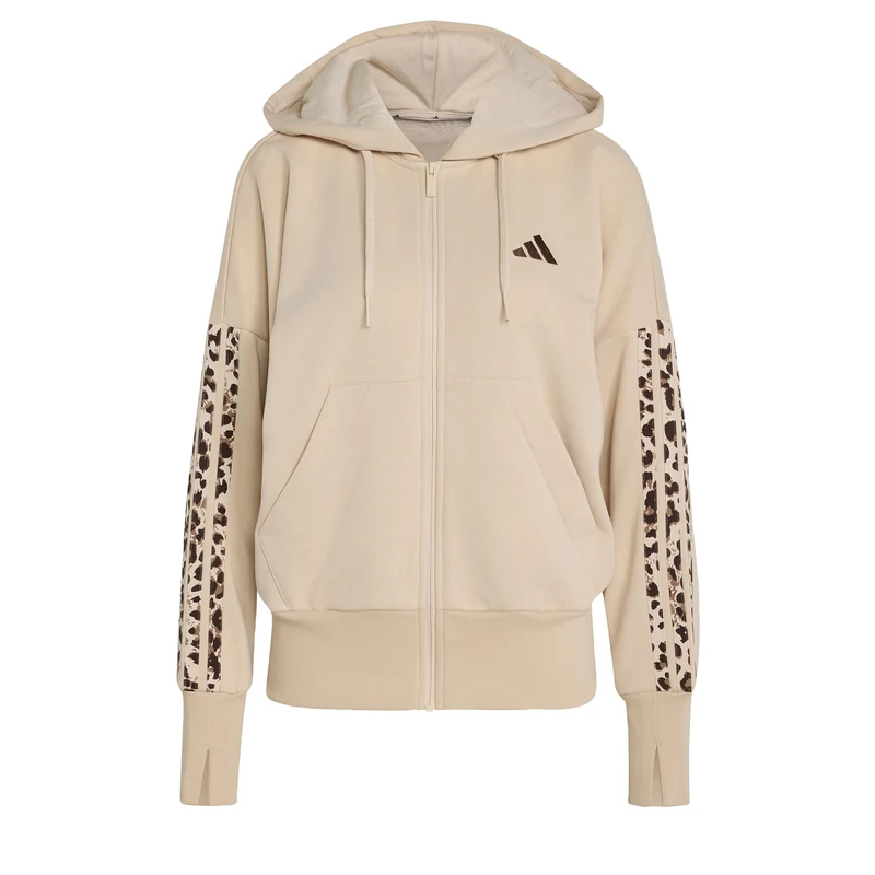 adidas Women's Seasonal Essentials Animal Print 3-Stripes Full-Zip Hooded Track Top Sweatshirt, Crystal Linen/MULTICOLOR/Khaki Six, S