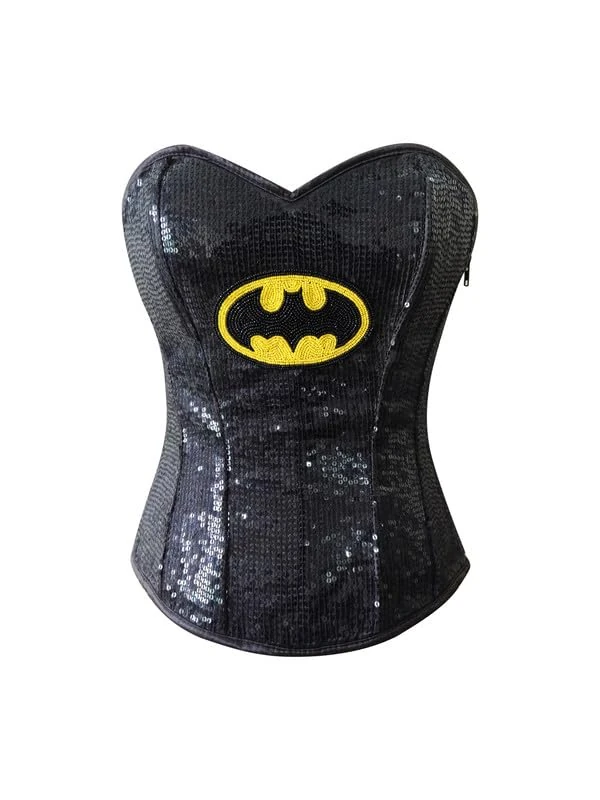 CorsetsNmore Women’s Black Satin Yellow Bat Sequins Comic Con Halloween Costume Gothic Overbust Corset Top Steel Boned