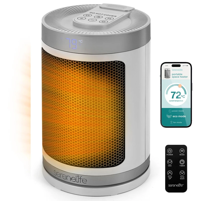 SereneLife Electric Space Heater, 1500W Portable Low Energy Ceramic Fan Heater Thermostat, WiFi & Remote Control, Silent Operation, 3 Modes, 12-Hour Timer, Indoor Use, Home, Bedroom, Office (White)