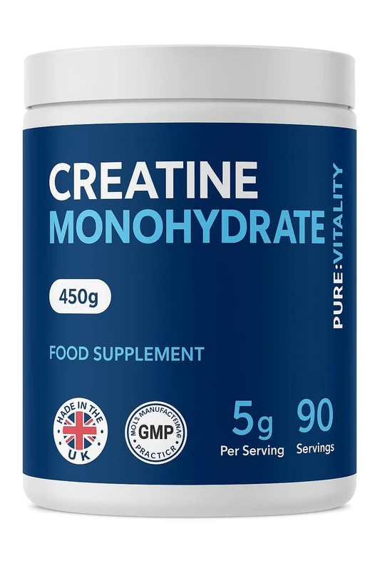Pure Vitality | Creatine Monohydrate Powder - 450g - Easy Dissolve Creatine Powder, Unflavoured & Micronised | Vegan Creatine for Women and Men | Made in The UK | Scoop Included
