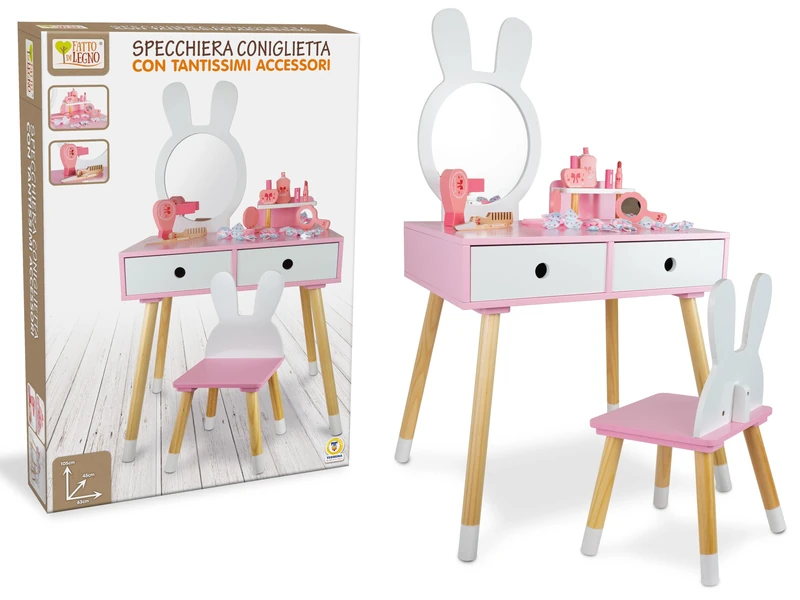 Teorema Giocattoli, Girl Makeup Station Large Wooden Dressing Table Rabbit Theme with Stool, Mirror and Accessories, Make-Up Mirror for Bedroom