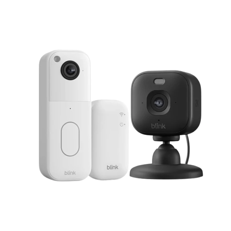 Blink Video Doorbell System (newest gen) White + Blink Mini 2K+ (newest gen) Black | Head-to-toe HD view, two-year battery life, simple setup, IP-65 | Sync Module Core included | newest gen