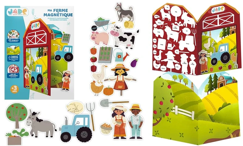 J.A.D.E - Pack of 12 Magnetic Books - Farm - Educational Game - 030643PA - Travel - Game for Kids - Repositionable Vignettes - No Screen - Gift - French Design - From 3
