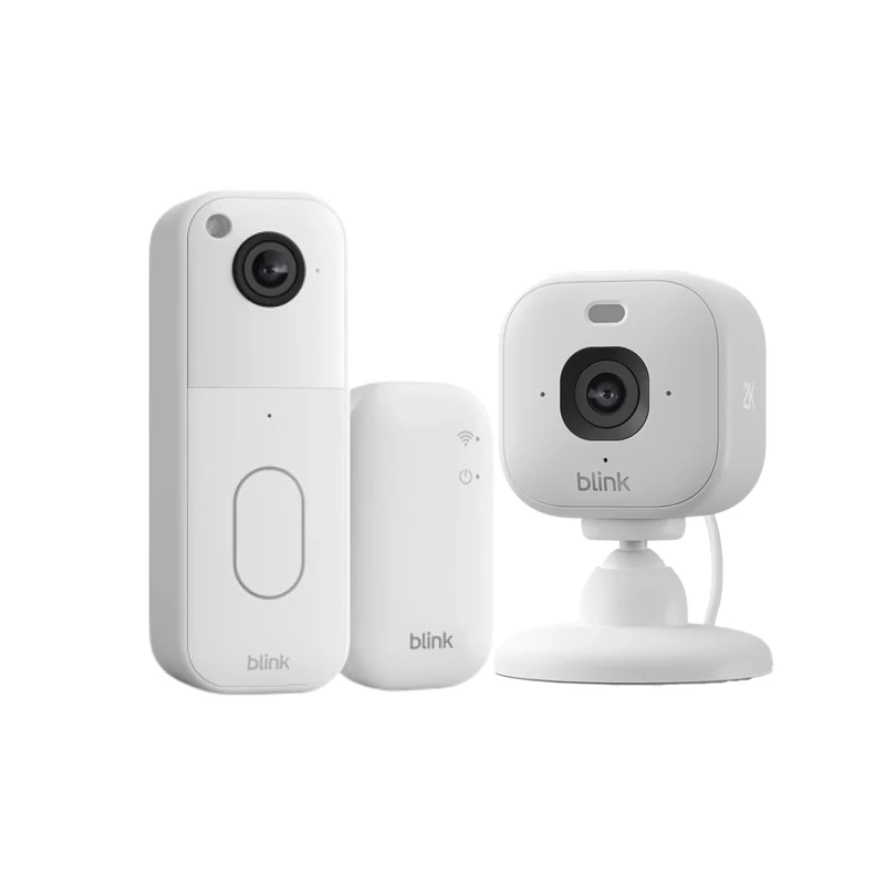 Blink Video Doorbell System (newest gen) White + Blink Mini 2K+ (newest gen) White | Head-to-toe HD view, two-year battery life, simple setup, IP-65 | Sync Module Core included | newest gen
