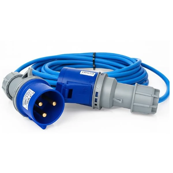 32A 3-Pin Extension Lead, 10m 230V Single-Phase 10 metre Arctic Flex 4mm2 Cable – Blue Plug & Lidded Socket (IP44) IEC 60309