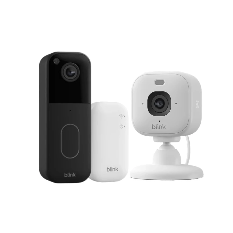 Blink Video Doorbell System (newest gen) Black + Blink Mini 2K+ (newest gen) White | Head-to-toe HD view, two-year battery life, simple setup, IP-65 | Sync Module Core included | newest gen