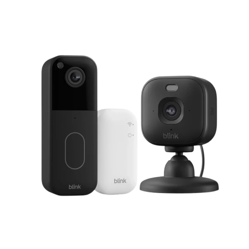 Blink Video Doorbell System (newest gen) Black + Blink Mini 2K+ (newest gen) Black | Head-to-toe HD view, two-year battery life, simple setup, IP-65 | Sync Module Core included| newest gen