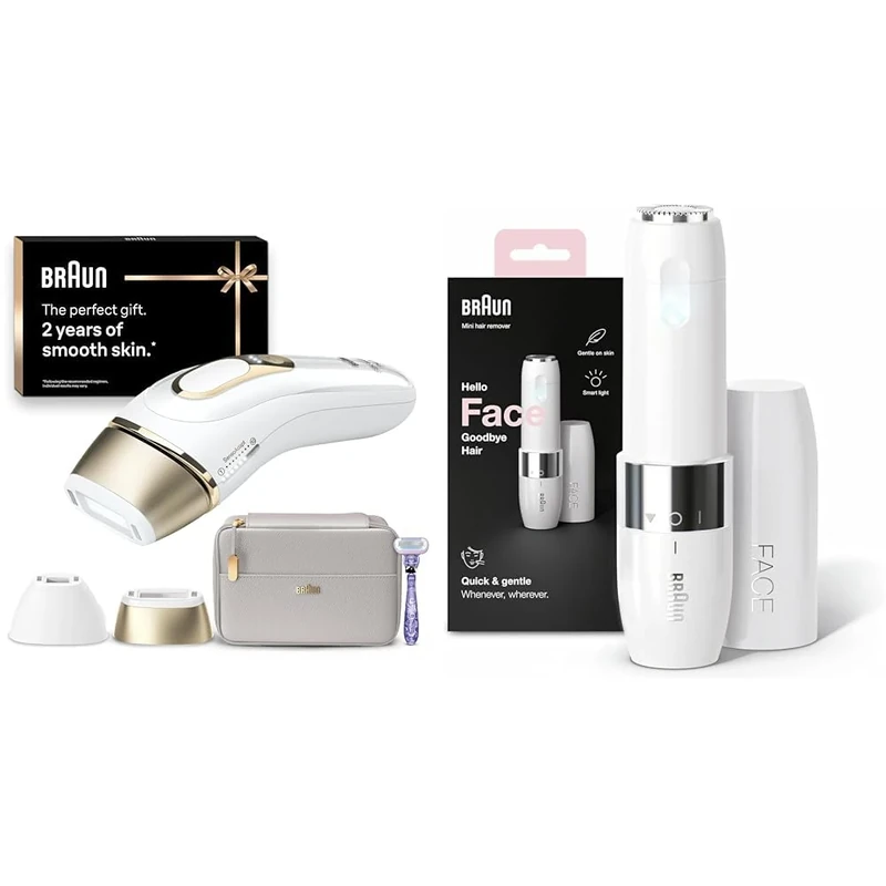 Bundle of Braun IPL Silk-Expert Pro 5, at Home Hair Removal, Alternative for Laser Hair Removal, Venus Razor, 2 Years of Smooth Skin, Gift for Women, White/Gold, Braun Face Mini Hair Remover, FS1000