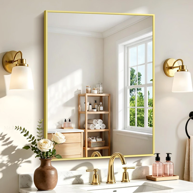 COFENY Gold Bathroom Mirror for Wall, 24x32 Inch Rectangle with Metal Frame, Modern Vanity for Bathroom Living Room, Entryway Hangs Horizontal or Vertical