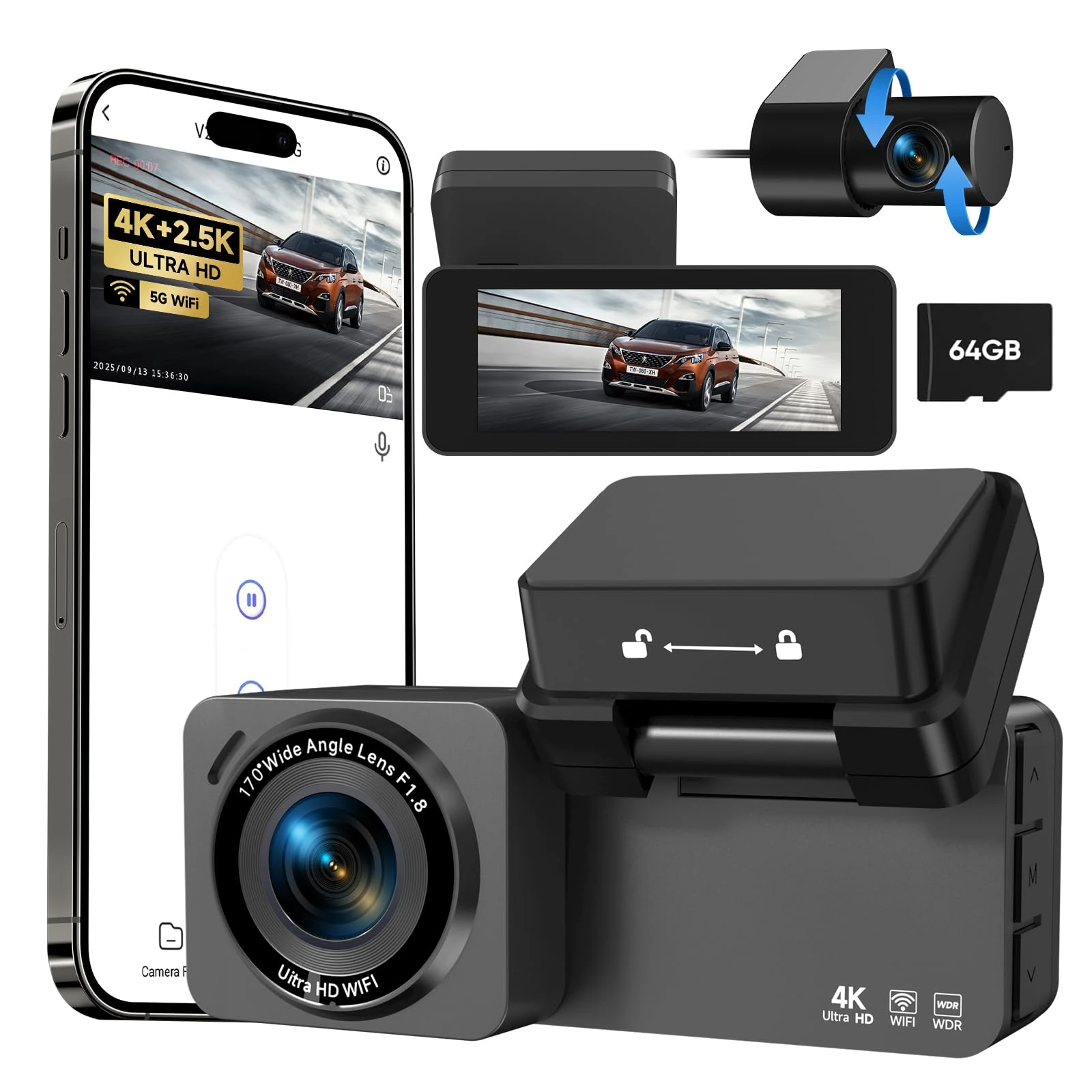 ORSKEY 4K+2.5K Dash Cam Front and Rear, Free 64GB Card Included, 5G WiFi Dash Camera for Cars, G-Sensor, 170°Wide Angle, 3.16" LCD Screen, 24H Parking Mode, Support 256GB Max